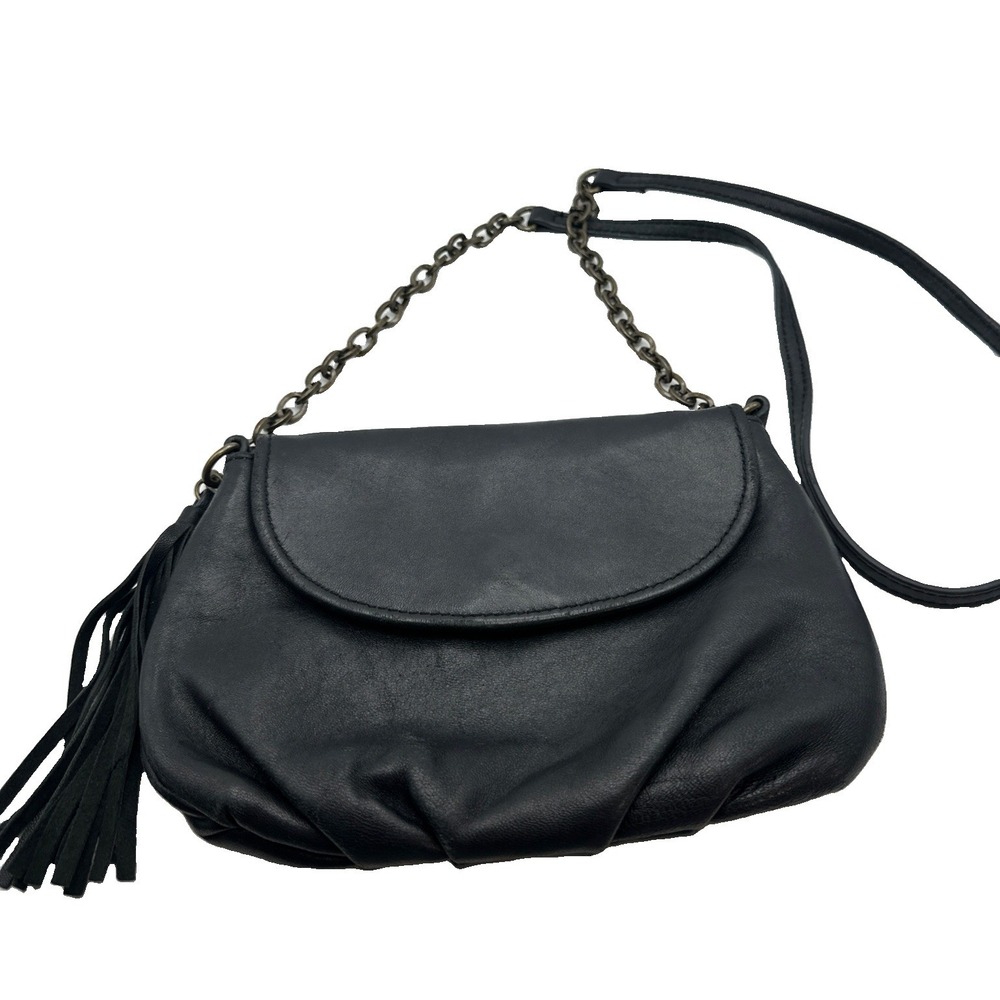 Margot New York Black Flap Chain Clutch Shoulder Handbag Purse Genuine Leather